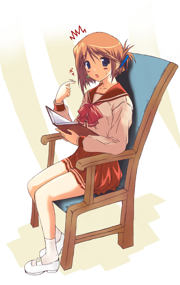 yoi (yoihome), komaki manaka, to heart (series), to heart 2, 00s, 1girl, blue eyes, book, brown hair, chair, earrings, female focus, folded ponytail, full body, jewelry, long sleeves, looking at viewer, on chair, open book, pleated skirt, pointing, pointing at self, school uniform, shoes, simple background, skirt, socks, solo, sweatdrop