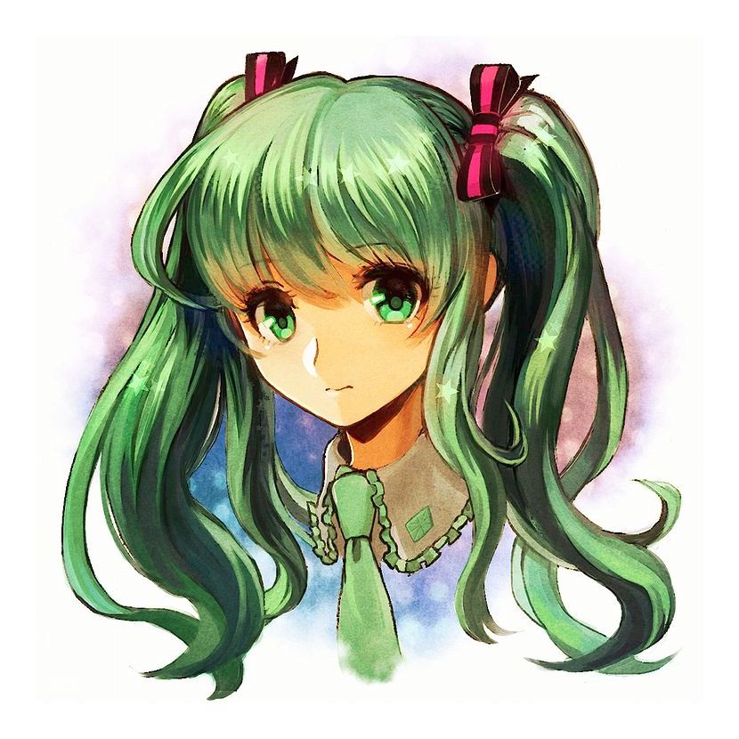 norihiro, hatsune miku, vocaloid, commentary request, 1girl, closed mouth, collared shirt, firealpaca (medium), frilled shirt collar, frills, green eyes, green hair, green necktie, grey shirt, hair between eyes, head on pillow, impasto, looking at viewer, necktie, pillow, shirt, solo, twintails, white background
