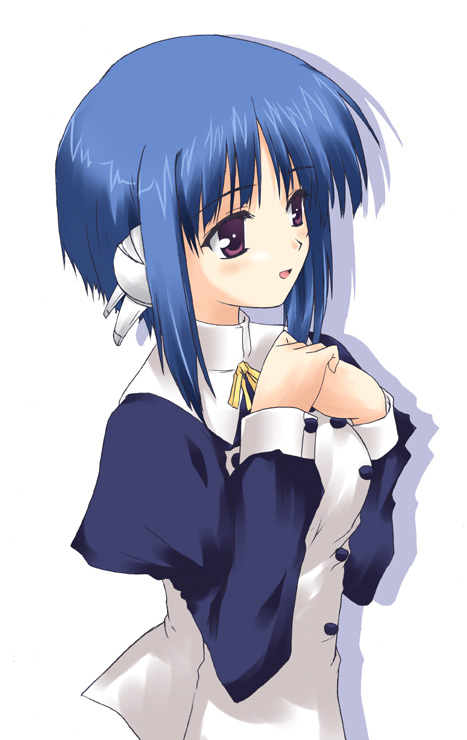ilfa (to heart), to heart (series), to heart 2, looking away, 00s, 1girl, :d, android, blue hair, blush, buttons, female focus, hands on own chest, open mouth, own hands together, parted bangs, profile, purple eyes, ribbon, robot ears, shadow, shirt, short hair, sidelocks, simple background, smile, solo, turtleneck, upper body, white background