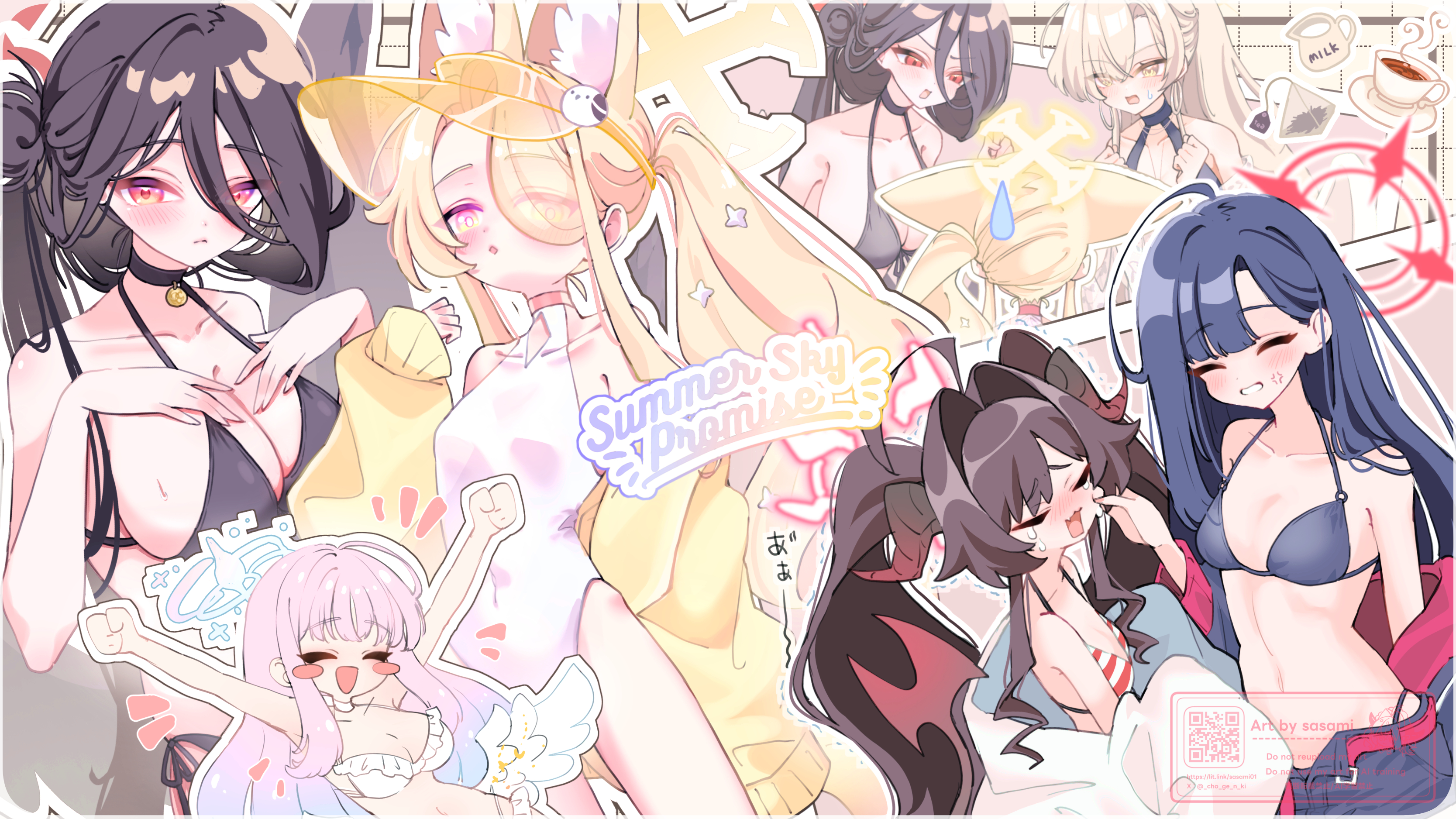sasami (cho ge n ki), hasumi (blue archive), hasumi (swimsuit) (blue archive), kasumi (blue archive), mika (blue archive), mika (swimsuit) (blue archive), nagisa (blue archive), seia (blue archive), seia (swimsuit) (blue archive), blue archive, twitter, 6+girls, bikini, black hair, breasts, cup, demon girl, demon horns, demon tail, english text, halo, horns, large breasts, multiple girls, one-piece swimsuit, small breasts, swimsuit, tail