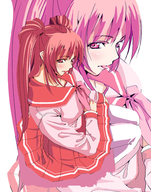 kabocha, kabocha (monkey4), kousaka tamaki, to heart (series), to heart 2, 00s, 1girl, :p, blush, long hair, long sleeves, multiple views, pleated skirt, red hair, school uniform, serafuku, skirt, thighhighs, tongue, tongue out