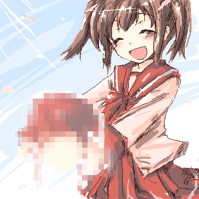 yuzuhara konomi, to heart (series), to heart 2, lowres, 00s, 1girl, censored, censored food, fake censor, female focus, long sleeves, mosaic censoring, pleated skirt, school uniform, serafuku, skirt, solo