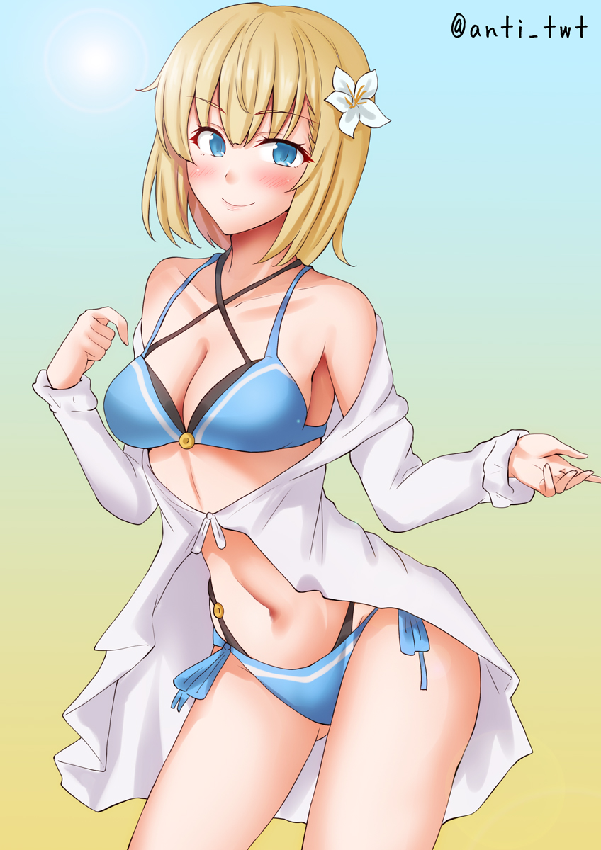 anti (untea9), rodney (kancolle), kantai collection, highres, 1girl, bikini, blonde hair, blue background, blue bikini, blue eyes, breasts, colorful background, cowboy shot, flower, gradient background, jacket, large breasts, long sleeves, looking at viewer, short hair, solo, swimsuit, twitter username, white jacket