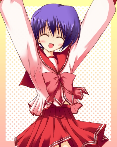 tonami yuma, to heart (series), to heart 2, lowres, 00s, closed eyes, open mouth, pleated skirt, school uniform, serafuku, skirt, solo