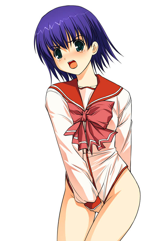 a1 (initial-g), tonami yuma, to heart (series), to heart 2, 00s, blue eyes, blue hair, blush, bottomless, no panties, school uniform, serafuku, shirt tug, short hair, solo, tears