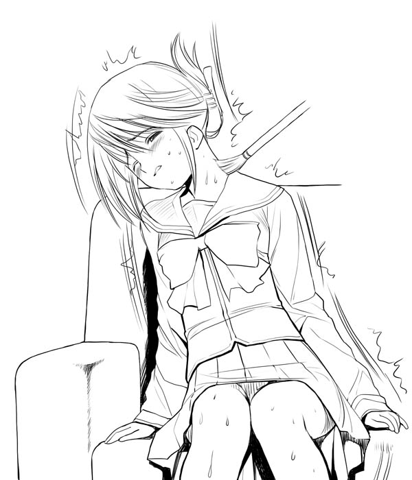 a1 (initial-g), komaki manaka, leaf (company), to heart (series), to heart 2, 00s, 1girl, art brush, clenched teeth, female focus, folded ponytail, greyscale, monochrome, one eye closed, paintbrush, pleated skirt, school uniform, serafuku, sitting, skirt, solo, teeth, tickling, trembling, wince