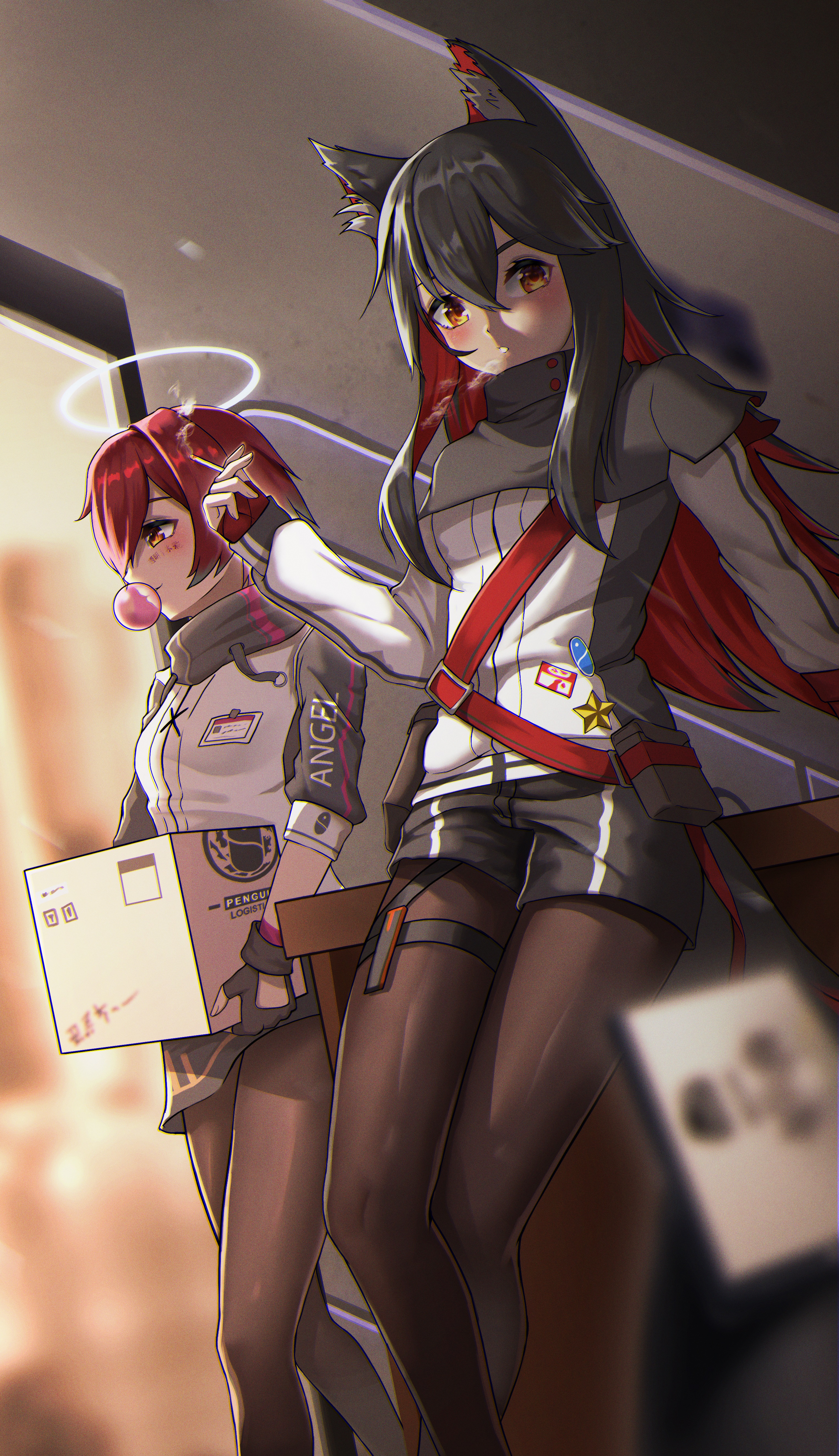 exusiai (arknights), texas (arknights), arknights, absurdres, commentary request, highres, 2girls, animal ear fluff, animal ears, between fingers, black capelet, black gloves, black hair, black shorts, blurry, blurry background, blurry foreground, box, brown eyes, brown pantyhose, capelet, cardboard box, cigarette, depth of field, fingerless gloves, gloves, hair over one eye, halo, holding, holding box, holding cigarette, indoors, jacket, long hair, long sleeves, looking at viewer, multicolored hair, multiple girls, pantyhose, pantyhose under shorts, puffy long sleeves, puffy sleeves, red eyes, red hair, short shorts, shorts, sleeves past wrists, smoke, touming shui ca, two-tone hair, very long hair, walking, white jacket