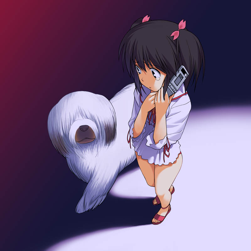 a1 (initial-g), genjimaru, yuzuhara konomi, to heart (series), to heart 2, 00s, 1girl, cellphone, dog, female focus, legs, phone, sandals, solo, tears