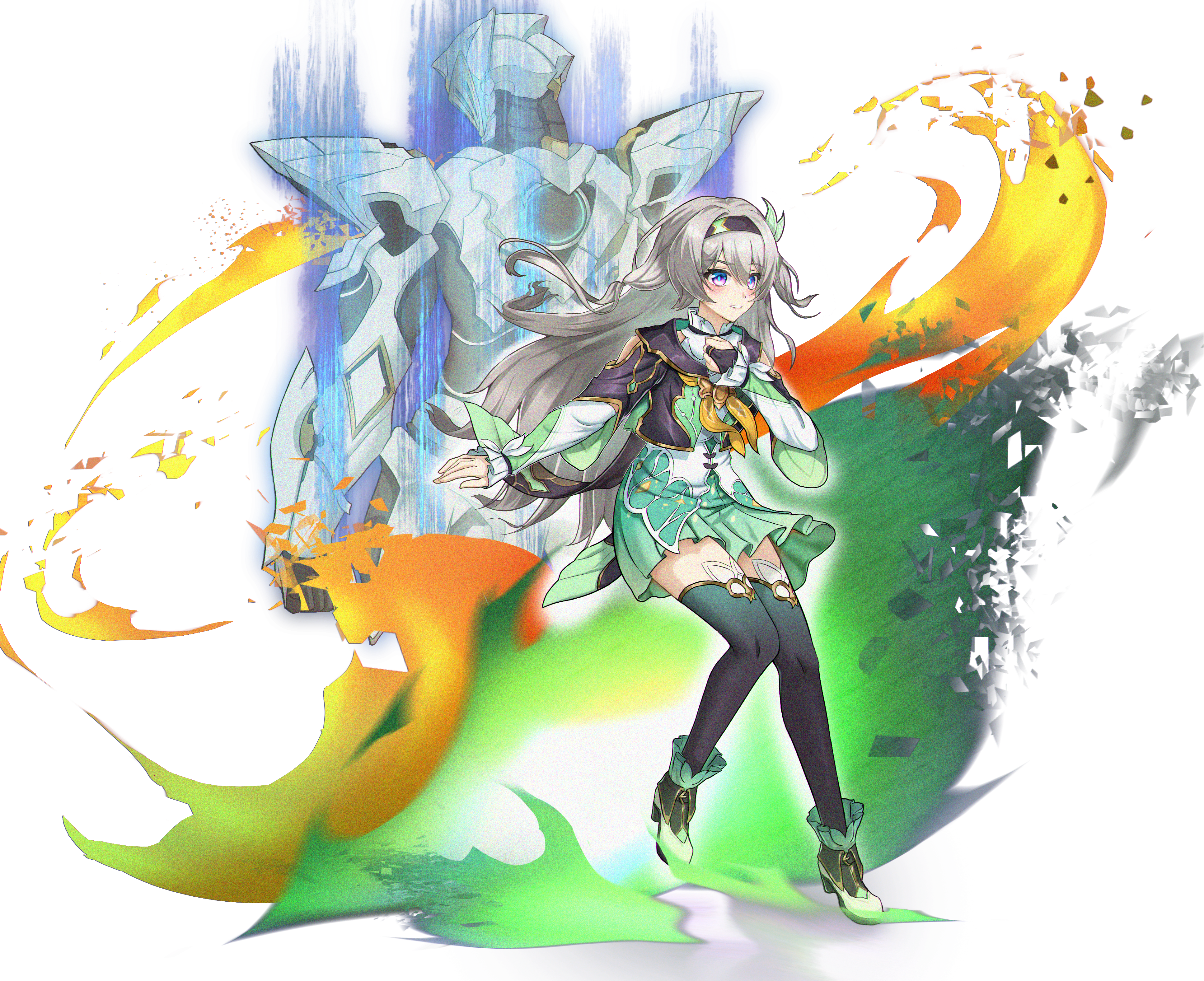 firefly (honkai: star rail), sam (honkai: star rail), honkai: star rail, honkai (series), absurdres, commentary request, highres, 1girl, black boots, black hairband, black jacket, black thighhighs, blush, boots, bridal gauntlets, cropped jacket, fire, green skirt, grey hair, hair between eyes, hairband, hand up, high heel boots, high heels, jacket, long hair, pleated skirt, purple eyes, shirt, skirt, smile, thighhighs, thighhighs under boots, touming shui ca, very long hair, white background, white shirt