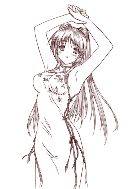 kousaka tamaki, to heart (series), to heart 2, 00s, 1girl, china dress, chinese clothes, dress, female focus, monochrome, solo