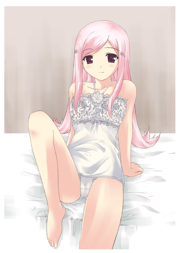 lucy maria misora, to heart (series), to heart 2, 00s, 1girl, arm support, bed, chemise, female focus, hair ornament, hairpin, lingerie, long hair, panties, pantyshot, pink eyes, pink hair, sitting, solo, underwear, white panties