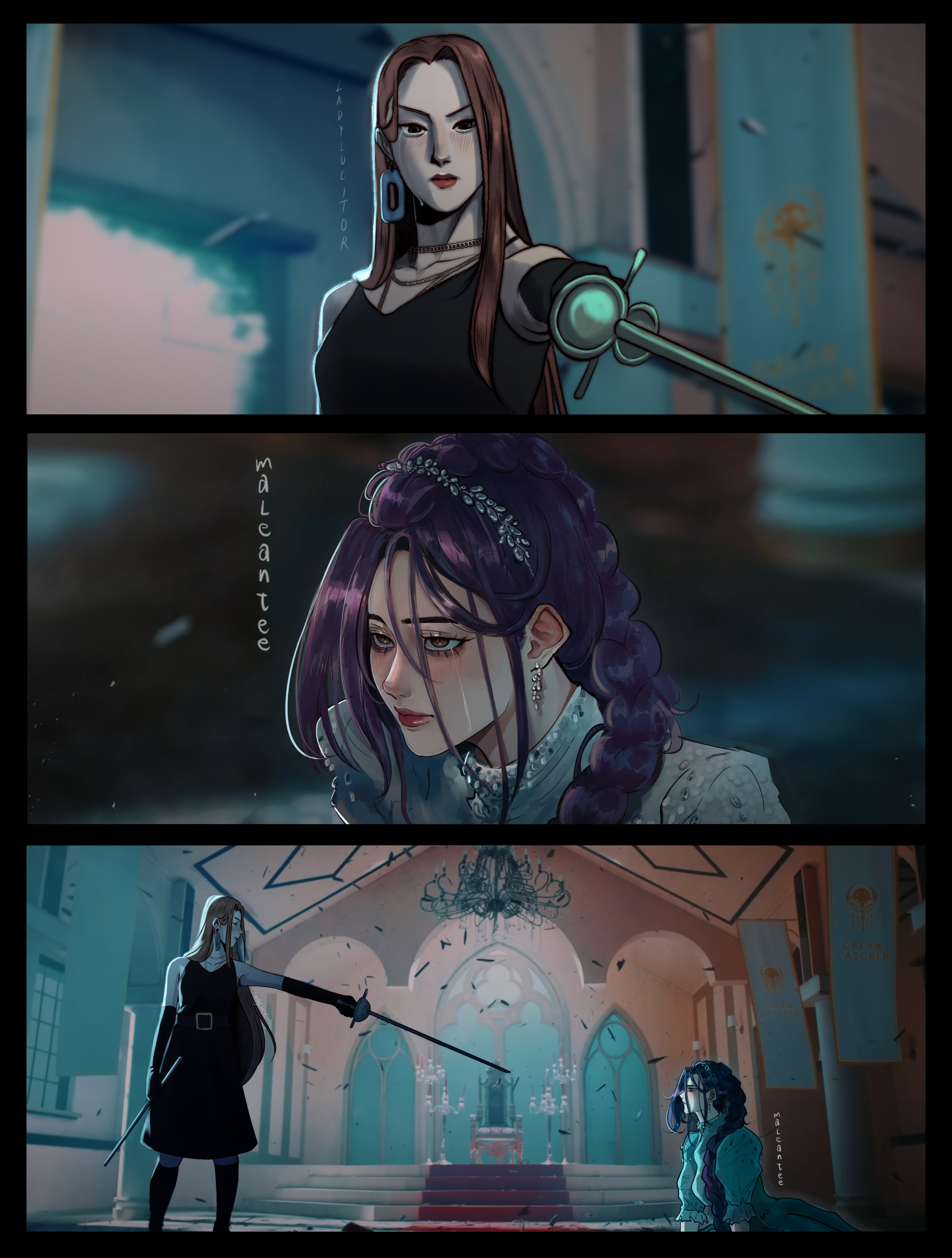 mira (kpop demon hunters), rumi (kpop demon hunters), kpop demon hunters, absurdres, artist collaboration, commentary, english commentary, highres, 2girls, black dress, black gloves, braid, brown eyes, brown hair, chain, chain necklace, chandelier, cosplay, dreamcatcher (group), dress, earrings, elbow gloves, gloves, hair over shoulder, holding, holding sword, holding weapon, jewelry, jiu (dreamcatcher), jiu (dreamcatcher) (cosplay), long hair, lucitorart, maleantee, multiple girls, necklace, on ground, pointing melee weapon, pointing sword, purple hair, red lips, sheath, signature, silver earrings, silver hairband, single braid, sword, tears, tears from one eye, throne, weapon, white dress, yoohyeon, yoohyeon (cosplay)