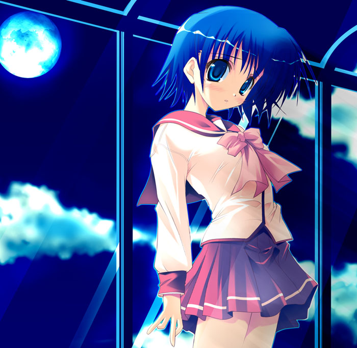 tonami yuma, to heart (series), to heart 2, 00s, 1girl, blue eyes, blue hair, blush, bow, female focus, full moon, matching hair/eyes, miniskirt, moon, pink bow, pleated skirt, school uniform, serafuku, short hair, skirt, sky, solo, standing, window