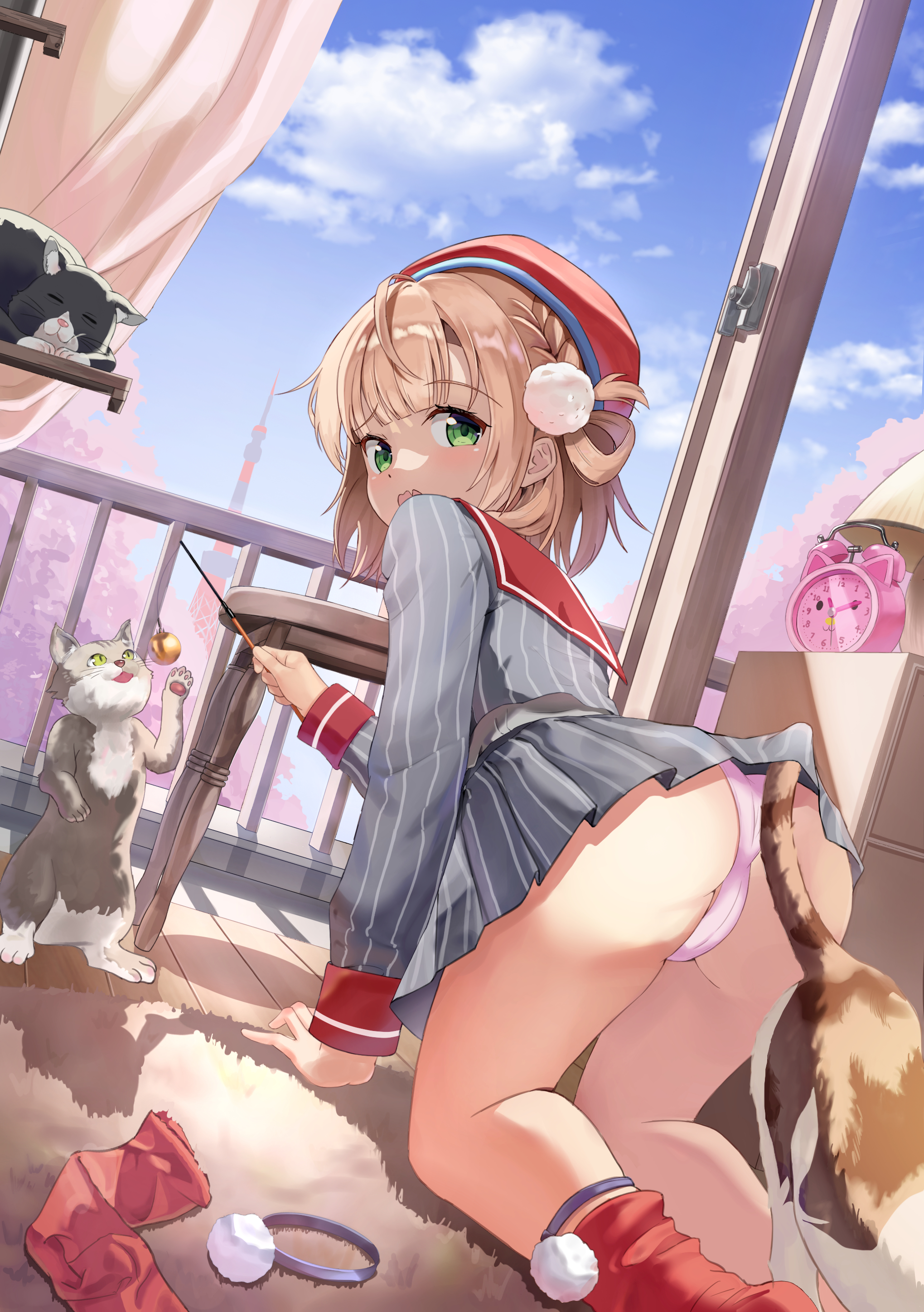 shigure ui (vtuber), shigure ui (vtuber) (1st costume), indie virtual youtuber, absurdres, highres, 1girl, alarm clock, all fours, arm support, ass, beret, blunt bangs, blush, braid, brown hair, cameltoe, cat, cat teaser, clock, foot out of frame, gimhyeo09366967, green eyes, grey jacket, grey skirt, hair ornament, hair rings, hat, indoors, jacket, kneehighs, legwear garter, long sleeves, looking at viewer, miniskirt, no shoes, open mouth, panties, pantyshot, pink panties, pinstripe jacket, pinstripe pattern, pinstripe skirt, pleated skirt, pom pom (clothes), pom pom hair ornament, red hat, red sailor collar, red sleeve cuffs, red socks, sailor collar, school uniform, short hair, side braid, side part, side up ring, skirt, sleeve cuffs, socks, solo, underwear, unworn socks, upskirt, virtual youtuber, wavy mouth, wooden floor