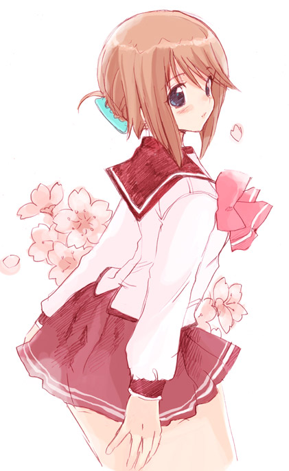 komaki manaka, to heart (series), to heart 2, 00s, 1girl, bad anatomy, blue eyes, blush, bow, bowtie, brown hair, cowboy shot, female focus, flower, folded ponytail, long sleeves, petals, pleated skirt, red skirt, sailor collar, school uniform, shirt, simple background, skirt, solo, white background, white shirt