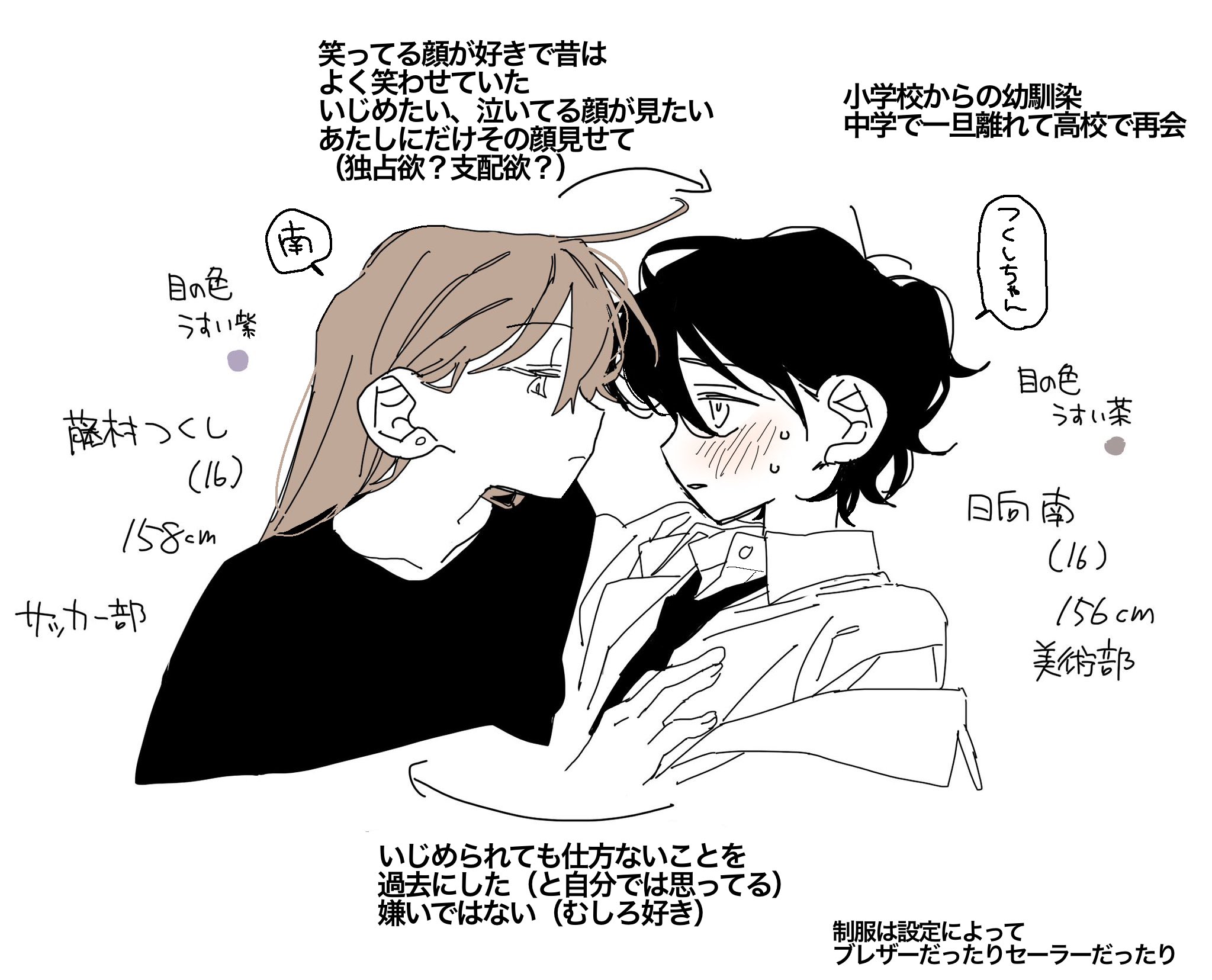 dayama, original, highres, translation request, 2girls, ahoge, black necktie, black shirt, brown hair, closed mouth, collarbone, collared shirt, flat color, long hair, looking at another, multiple girls, necktie, parted lips, profile, shirt, short hair, simple background, speech bubble, white background, white shirt, yuri