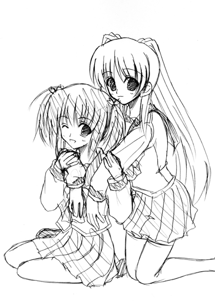kousaka tamaki, yuzuhara konomi, to heart (series), to heart 2, 00s, 2girls, greyscale, kneeling, long hair, long sleeves, monochrome, multiple girls, one eye closed, outline, thighhighs, wink