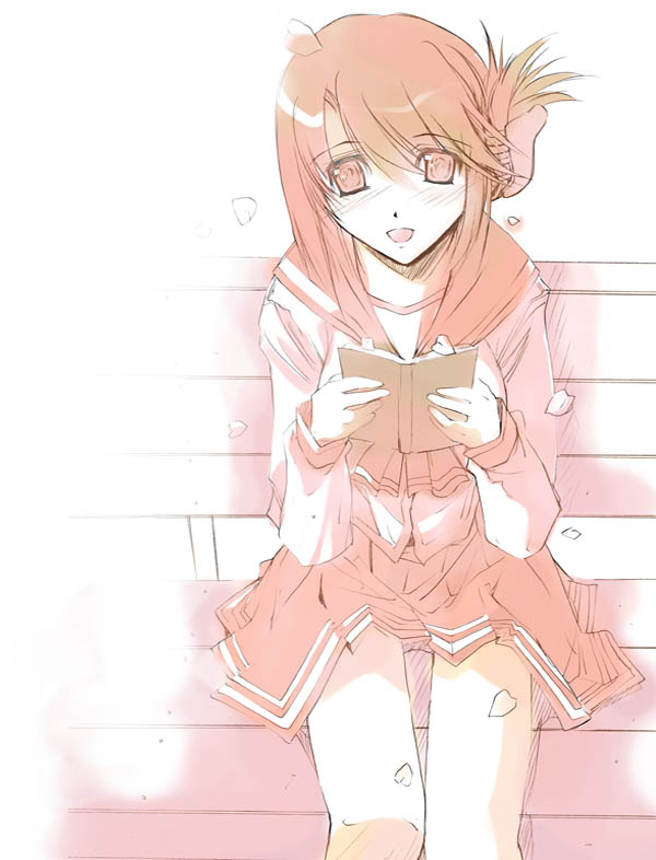 komaki manaka, to heart (series), to heart 2, 00s, 1girl, :d, blush, book, brown hair, female focus, folded ponytail, long sleeves, looking at viewer, notebook, open book, open mouth, petals, pleated skirt, red eyes, red skirt, sailor collar, sitting, skirt, smile, solo, thighhighs