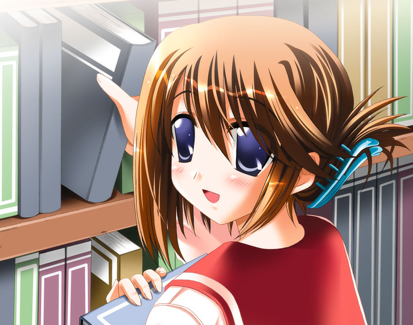 mitsumi misato, komaki manaka, to heart (series), to heart 2, game cg, 00s, 1girl, :d, blue eyes, blush, book, bookshelf, brown hair, female focus, folded ponytail, from behind, hair between eyes, hair ornament, hairclip, happy, holding, holding book, indoors, library, looking at viewer, looking back, open mouth, parted bangs, portrait, sailor collar, school uniform, serafuku, short hair, smile, solo, upper body