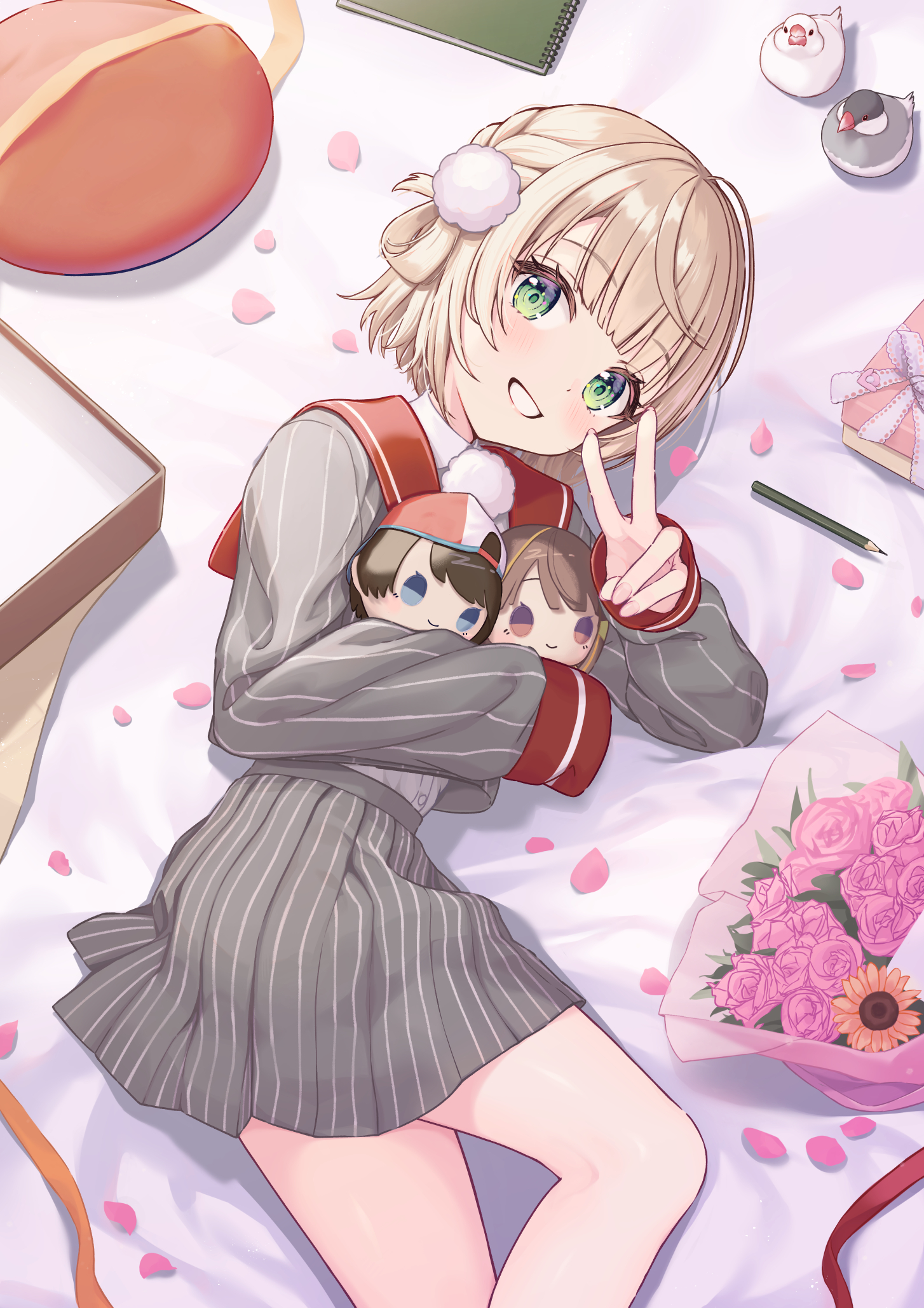 okachi yuu, oozora subaru, sendo yuuhi, shigure ui (vtuber), shigure ui (vtuber) (1st costume), hololive, indie virtual youtuber, vspo!, commentary request, highres, 1girl, bed sheet, blonde hair, blunt bangs, bouquet, braid, feet out of frame, flower, green eyes, grey jacket, grey skirt, grin, hair ornament, hair rings, hat, jacket, long sleeves, no headwear, pinstripe pattern, pinstripe skirt, pleated skirt, pom pom (clothes), pom pom hair ornament, red hat, red sailor collar, red sleeve cuffs, sailor collar, school uniform, short hair, side braid, side part, side up ring, skirt, sleeve cuffs, smile, solo, unworn hat, unworn headwear, v, valentine, virtual youtuber