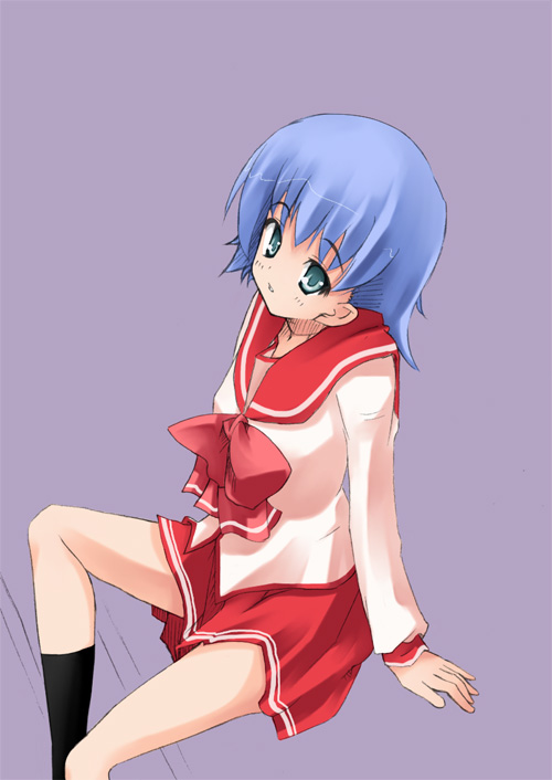 nakamura kusata, tonami yuma, to heart (series), to heart 2, 00s, 1girl, blue eyes, blue hair, bow, female focus, looking up, matching hair/eyes, pleated skirt, school uniform, serafuku, short hair, simple background, sitting, skirt, socks, solo
