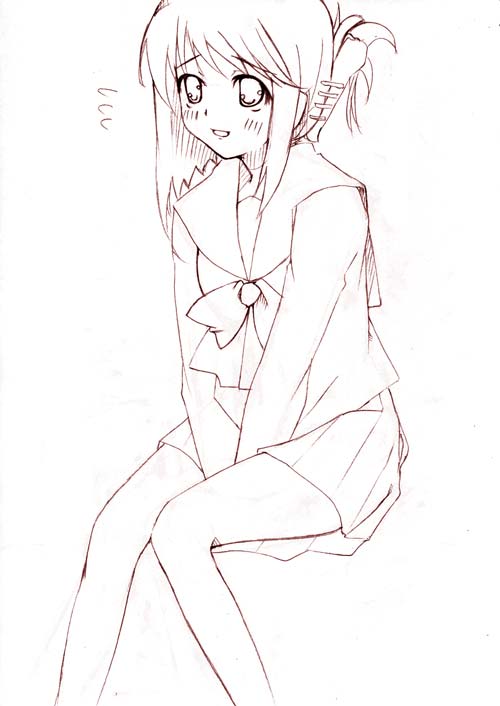 komaki manaka, to heart (series), to heart 2, 00s, 1girl, :d, between legs, blush, female focus, flying sweatdrops, folded ponytail, hand between legs, long sleeves, monochrome, open mouth, pleated skirt, sailor collar, school uniform, sitting, skirt, smile, solo