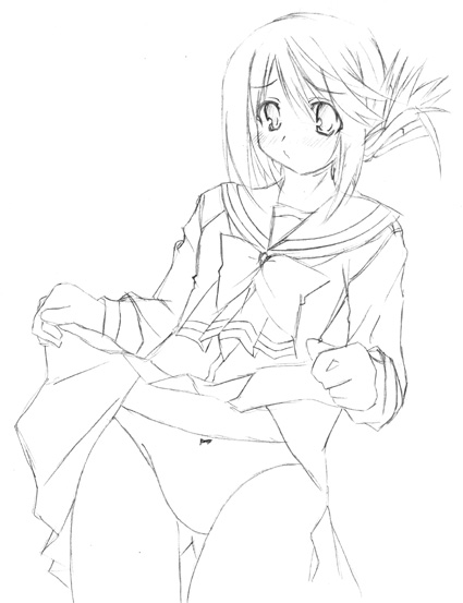 komaki manaka, to heart (series), to heart 2, 00s, 1girl, clothes lift, female focus, folded ponytail, greyscale, lifting own clothes, monochrome, outline, panties, skirt, skirt lift, solo, underwear