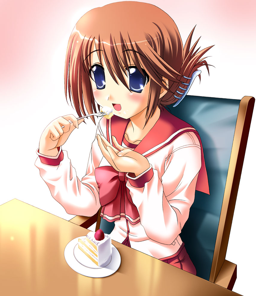 otoki raku, komaki manaka, to heart (series), to heart 2, 00s, 1girl, blue eyes, brown hair, cake, eating, female focus, folded ponytail, food, hair ornament, hairclip, open mouth, school uniform, serafuku, short hair, solo, spoon, table