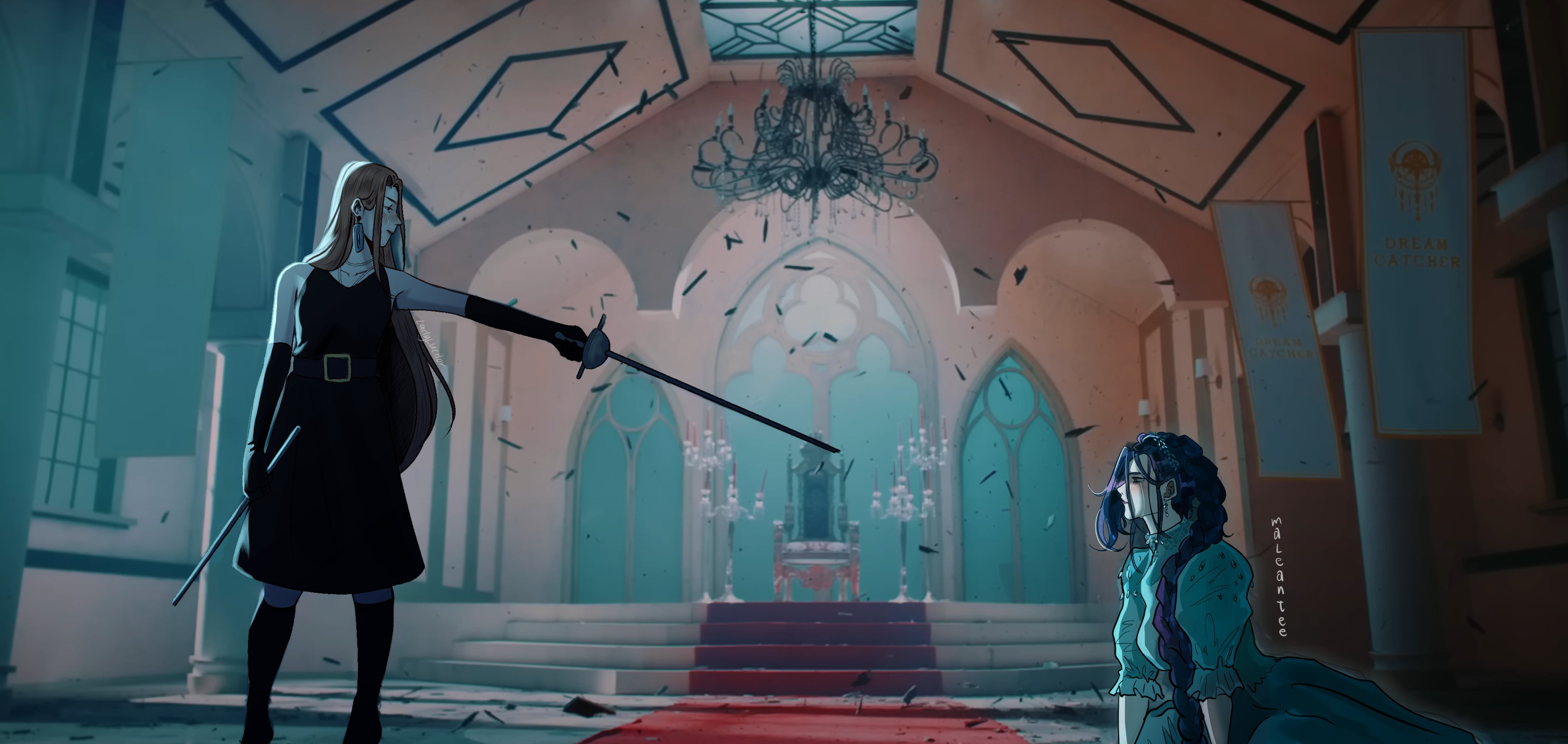 mira (kpop demon hunters), rumi (kpop demon hunters), kpop demon hunters, absurdres, artist collaboration, highres, black dress, black gloves, braid, brown hair, chandelier, cosplay, dress, elbow gloves, gloves, hair over shoulder, holding, holding sword, holding weapon, jiu (dreamcatcher), jiu (dreamcatcher) (cosplay), long hair, lucitorart, maleantee, on ground, pointing melee weapon, pointing sword, purple hair, sheath, signature, single braid, sword, throne, weapon, white dress, yoohyeon, yoohyeon (cosplay)