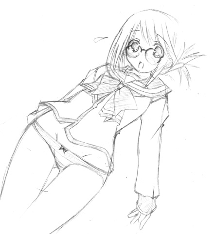 komaki manaka, to heart (series), to heart 2, lowres, 00s, 1girl, :o, blush, bow, bowtie, dutch angle, female focus, folded ponytail, glasses, greyscale, groin, long sleeves, monochrome, open mouth, over-rim eyewear, sailor collar, school uniform, semi-rimless eyewear, simple background, solo, thigh gap, white background
