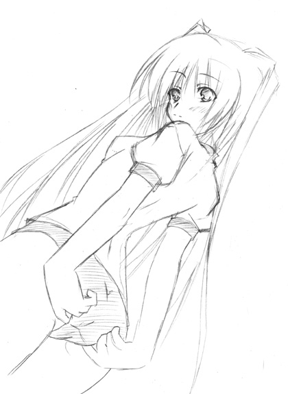 kousaka tamaki, to heart (series), to heart 2, 00s, 1girl, blush, crotch seam, female focus, from below, greyscale, hand in panties, looking down, monochrome, panties, shirt, short sleeves, simple background, solo, sportswear, underwear, white background