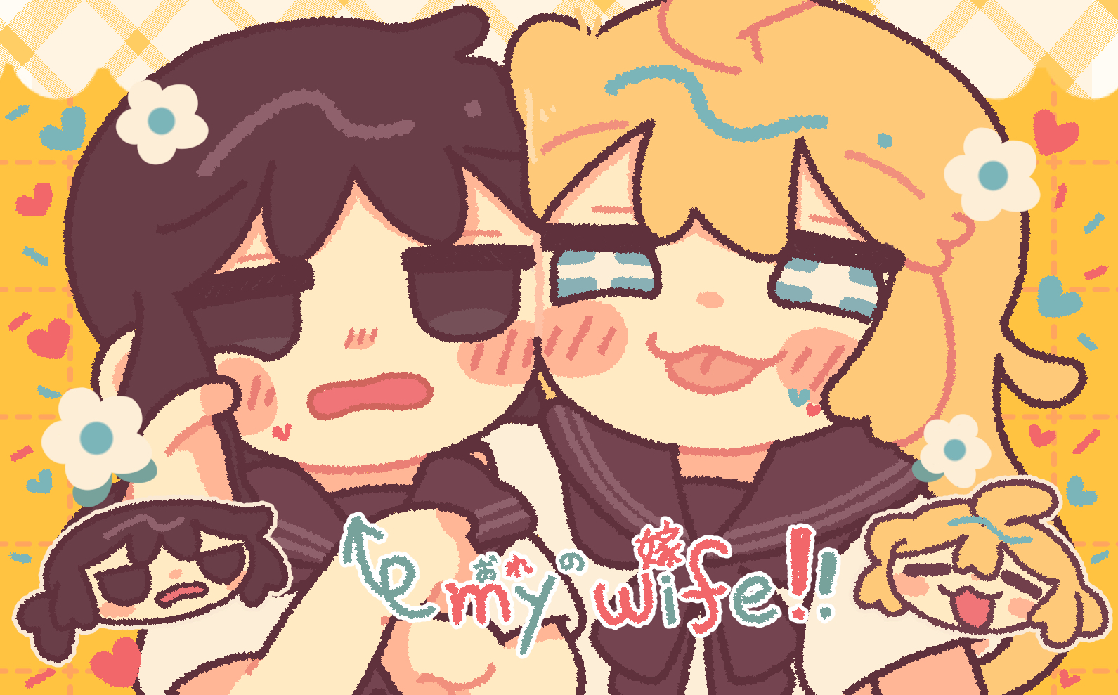 hishimatope, chito (shoujo shuumatsu ryokou), yuuri (shoujo shuumatsu ryokou), shoujo shuumatsu ryokou, + +, 2girls, :3, = =, ahoge, arrow (symbol), bilingual text, black eyes, black hair, black neckerchief, blonde hair, blue eyes, blush, chibi, closed eyes, closed mouth, heart, looking at viewer, low twintails, medium hair, mixed-language text, multiple girls, neckerchief, open mouth, school uniform, short sleeves, short twintails, tongue, tongue out, twintails, yuri