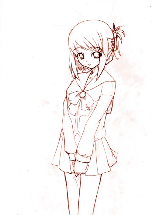 komaki manaka, to heart (series), to heart 2, 00s, 1girl, :d, blush, bow, bowtie, female focus, folded ponytail, long sleeves, monochrome, open mouth, outline, parted lips, sailor collar, school uniform, short hair, smile, solo, standing, v arms