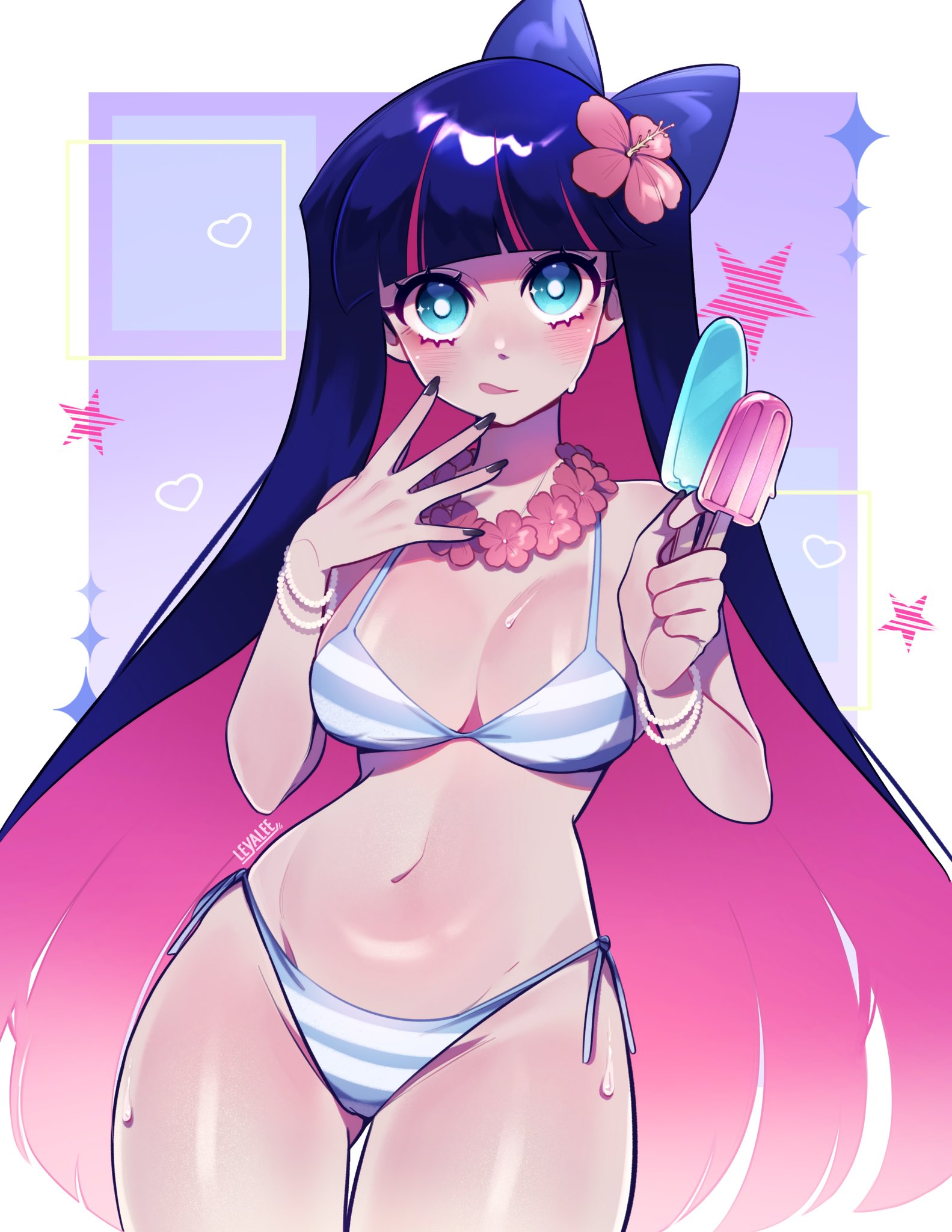 leyalee2, stocking (psg), panty & stocking with garterbelt, highres, 1girl, bikini, blue eyes, blunt bangs, bow, breasts, colored inner hair, flower, food, hair bow, hair flower, hair ornament, holding, holding food, holding popsicle, large breasts, long hair, multicolored hair, pink hair, popsicle, solo, striped bikini, striped clothes, swimsuit, two-tone hair
