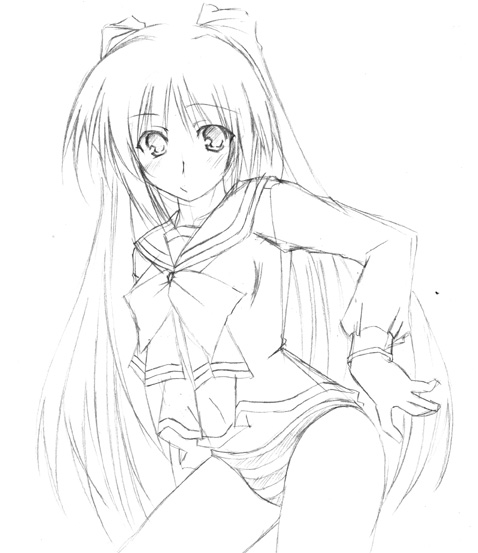 kousaka tamaki, to heart (series), to heart 2, 00s, 1girl, bow, bowtie, contrapposto, female focus, greyscale, long sleeves, monochrome, panties, sailor collar, simple background, solo, standing, striped clothes, striped panties, underwear, white background
