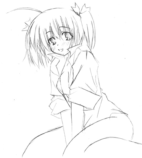 yuzuhara konomi, to heart (series), to heart 2, 00s, 1girl, ahoge, between legs, female focus, greyscale, hand between legs, monochrome, outline, shirt, short hair, simple background, sitting, solo, wariza, white background