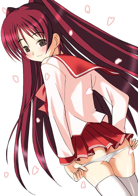 kousaka tamaki, to heart (series), to heart 2, 00s, back, blush, brown eyes, dutch angle, long hair, looking back, miniskirt, panties, panty pull, petals, pleated skirt, red hair, school uniform, serafuku, skirt, solo, standing, thighhighs, underwear, white panties, white thighhighs