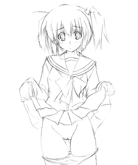 yunohara konomi, yuzuhara konomi, to heart, to heart (series), to heart 2, 00s, 1girl, clothes lift, female focus, greyscale, lifting own clothes, monochrome, outline, panties, panty pull, pussy, school uniform, serafuku, short hair, sketch, skirt, skirt lift, solo, uncensored, underwear