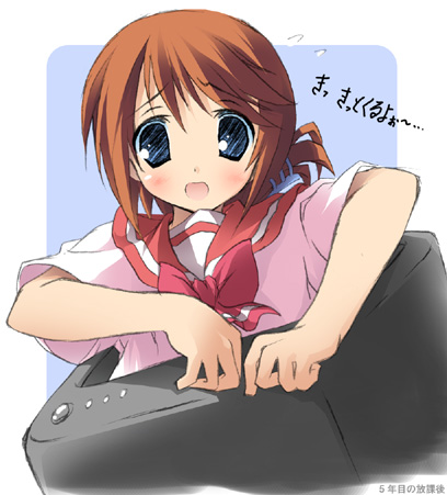 kantoku, komaki manaka, to heart (series), to heart 2, lowres, 00s, 1girl, :o, blue eyes, blush, brown hair, female focus, flying sweatdrops, folded ponytail, machinery, open mouth, pink shirt, school uniform, shirt, short sleeves, solo, uppercut
