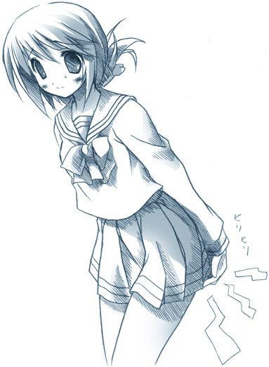 kantoku, komaki manaka, to heart (series), to heart 2, 00s, 1girl, blue theme, blush, female focus, folded ponytail, hand on own hip, hip focus, monochrome, outline, pleated skirt, school uniform, serafuku, skirt, solo, sweat