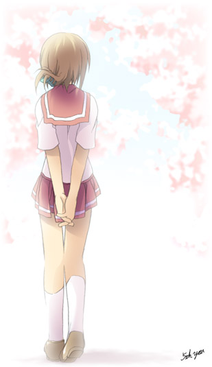 kantoku, komaki manaka, to heart (series), to heart 2, 00s, 1girl, arms behind back, back, brown hair, day, female focus, folded ponytail, from behind, full body, outdoors, own hands together, school uniform, serafuku, socks, solo, standing, white socks