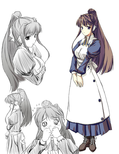 to heart (series), to heart 2, 00s, 1girl, blue eyes, brown hair, female focus, long hair, maid, multiple views, partially colored, ponytail, sketch