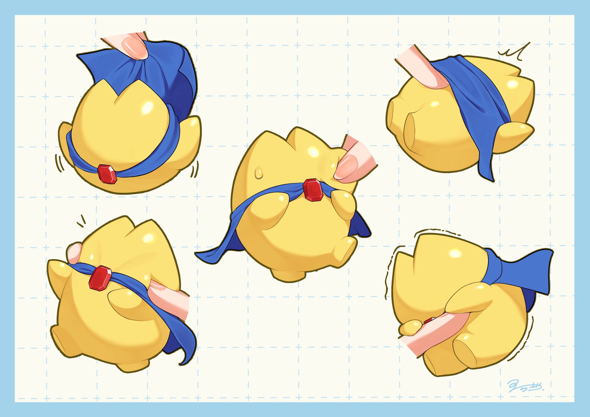 mameragi, starman (kirby), kirby (series), kirby air ride, kirby air riders, nintendo, highres, ^^^, blue border, blue cloak, border, cheek pinching, cloak, colored skin, disembodied finger, flying, grid background, jewelry, multiple views, no humans, pinching, trembling, yellow skin