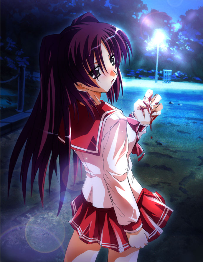 otoki raku, kousaka tamaki, to heart (series), to heart 2, 00s, blood, blush, brown eyes, long hair, pleated skirt, red hair, school uniform, serafuku, skirt, solo
