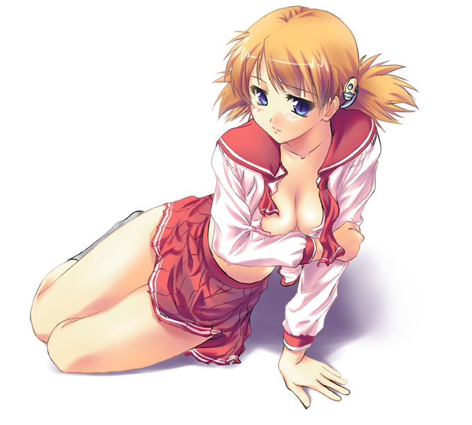 sasamori karin, to heart (series), to heart 2, 00s, blonde hair, blue eyes, blush, school uniform, serafuku, solo, undressing