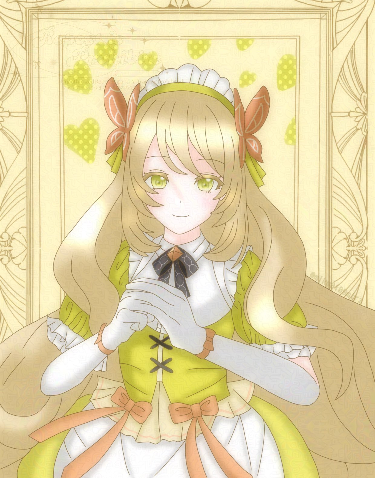 celine (blissful tea party) (fire emblem), celine (fire emblem), fire emblem, fire emblem engage, fire emblem heroes, nintendo, highres, 1girl, apron, black bow, black bowtie, bow, bowtie, butterfly hair ornament, dress, dress bow, green dress, green ribbon, hair ornament, headdress, maid apron, maid headdress, miko0109mtrz, official alternate costume, ribbon, yellow dress