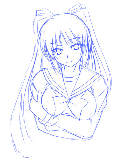 kousaka tamaki, to heart (series), to heart 2, 00s, 1girl, breasts, female focus, large breasts, long sleeves, looking at viewer, monochrome, outline, school uniform, solo, twintails, upper body