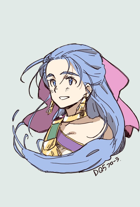 wakana 0125, flora (dq5), dragon quest, dragon quest v, 1girl, blue eyes, blue hair, bow, character name, copyright name, earrings, gold choker, gold earrings, grey background, hair bow, half updo, jewelry, light blush, long hair, parted lips, pink bow, portrait, sketch, smile, solo, upper body