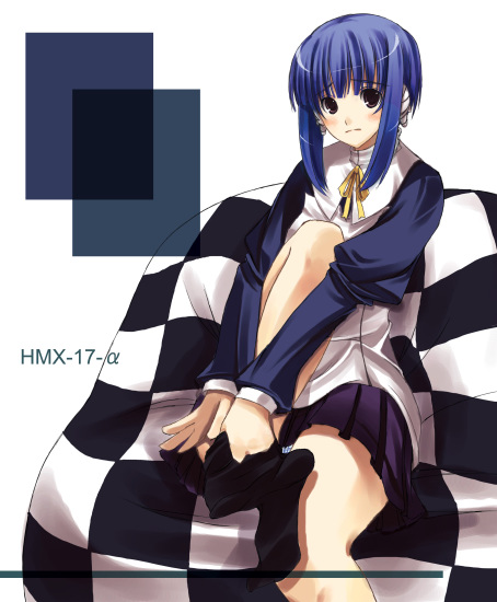 ilfa (to heart), to heart (series), to heart 2, 00s, 1girl, blue hair, blush, female focus, robot ears, sitting, solo