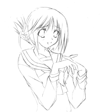 komaki manaka, to heart (series), to heart 2, lowres, 00s, 1girl, female focus, folded hands, folded ponytail, greyscale, hair ornament, hairclip, monochrome, outline, school uniform, smile, solo
